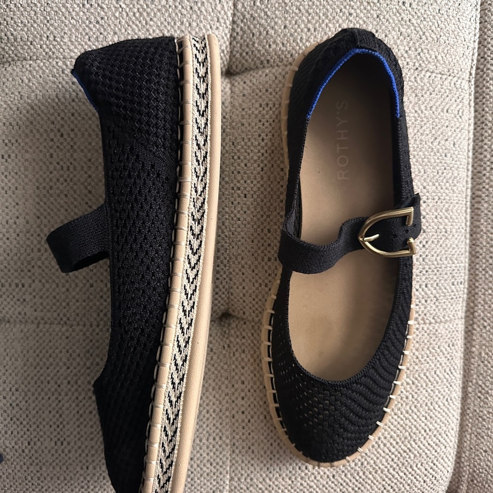 Rothy's Black and Tan Flats with Strap Detail